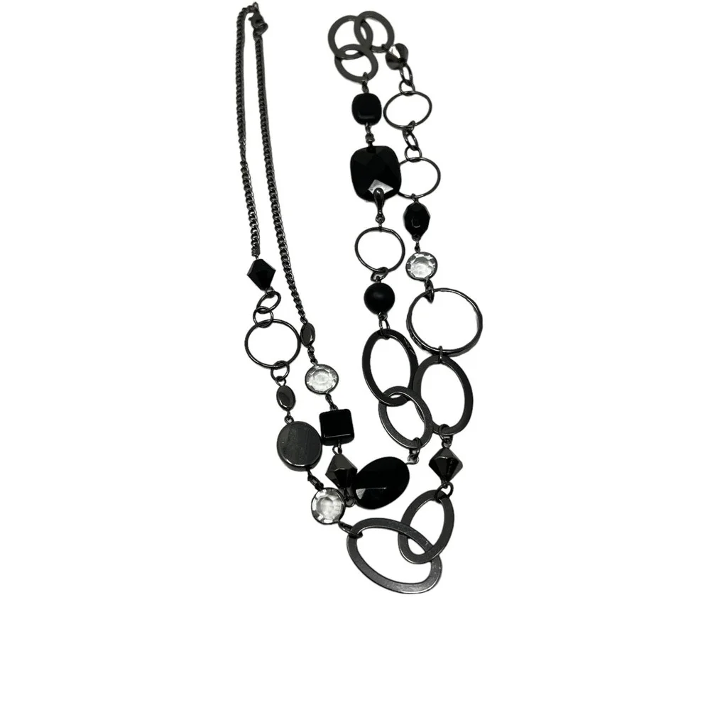 Chain‎ and Beaded Necklace Boho Gunmetal Black and Clear Lucite Beads 36 inch